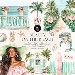 Puede incluir: Ilustración en acuarela con temática de playa. Presenta a una mujer con sombrero, un delfín con gafas de sol, una tabla de surf y una casa de playa. Se muestra el texto "BEAUTY ON THE BEACH".