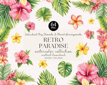 Retro Floral Clipart Set: Tropical Hibiscus, Plumeria, Palm Leaves (PNG Download