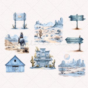 May include: A watercolor illustration set of western desert scenes. The set includes a saloon, a cowboy riding a horse, a barn, and various desert landscapes with cacti and signs.