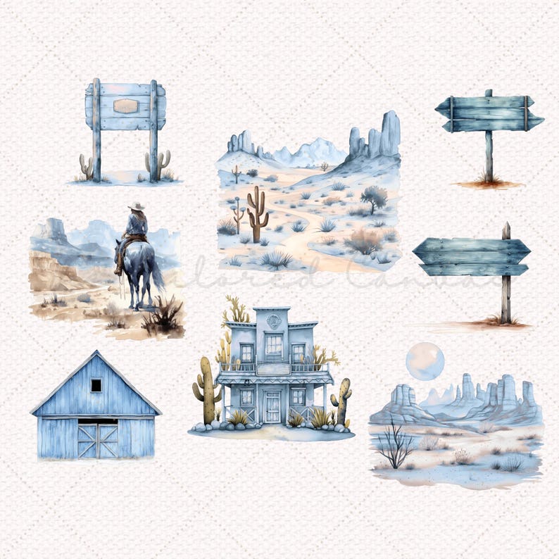 May include: A watercolor illustration set of western desert scenes. The set includes a saloon, a cowboy riding a horse, a barn, and various desert landscapes with cacti and signs.