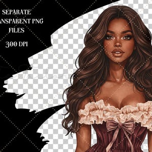 May include: Digital illustration of a woman with long, wavy brown hair and a burgundy dress with a ruffled neckline and bow. The image includes the text "SEPARATE TRANSPARENT PNG FILES" and "300 DPI".
