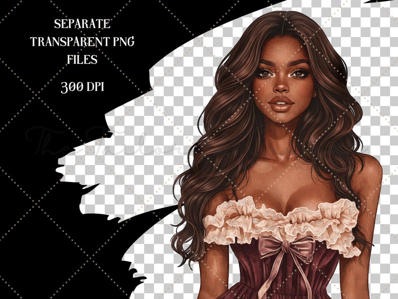 May include: Digital illustration of a woman with long, wavy brown hair and a burgundy dress with a ruffled neckline and bow. The image includes the text "SEPARATE TRANSPARENT PNG FILES" and "300 DPI".