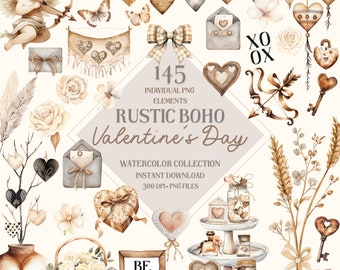 May include: A collection of 145 watercolor illustrations for Valentine's Day in a rustic boho style. The illustrations include hearts, flowers, bows, arrows, keys, and more. The text "RUSTIC BOHO Valentine's Day" is included in the image.