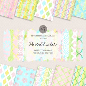 May include: A set of 47 pastel Easter digital papers featuring brush strokes and seamless patterns. The patterns include floral, geometric, and abstract designs in shades of pink, blue, green, and yellow.