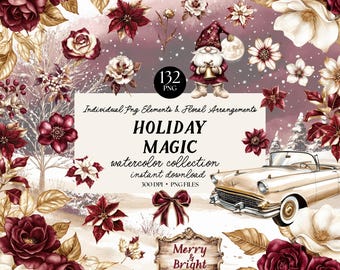 Burgundy Christmas Clipart: Watercolor Floral Elements (Digital Download)