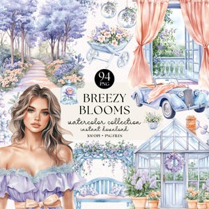 Collezione di clipart ad acquerello "Breezy Blooms", clipart di giardini primaverili fioriti, auto d'epoca, ragazza in stile cottagecore, download digitale istantaneo