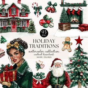 Watercolor Classic Christmas Clipart Bundle - Holiday Art, Traditional Christmas, Xmas Clip Art, Cozy Christmas, Holiday Decor, Scrapbooking