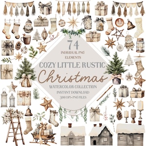Gezellige rustieke kerst clipartbundel, boho kerst aquarel png bundel, kerstafbeeldingen, ornamenten, winter illustraties