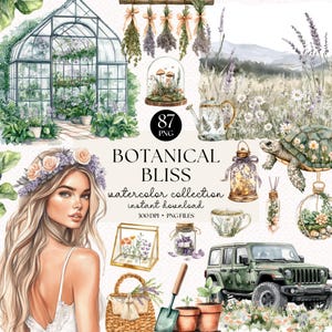 Pacote de Cliparts de Aquarela de Primavera - Cottagecore PNG, Clip Art de Jardim com Estufa, Boho Rústico, Estética Botânica, Ilustrações de Lavanda
