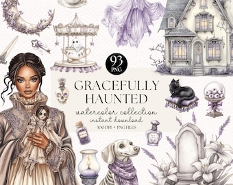 Gothic Halloween Watercolor Clipart: Haunted House & Ghost PNG Bundle (Digital Download)