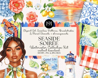 Pacote de clipart em aquarela: flores litorâneas, frutas cítricas e ilustrações de verão (download instantâneo)