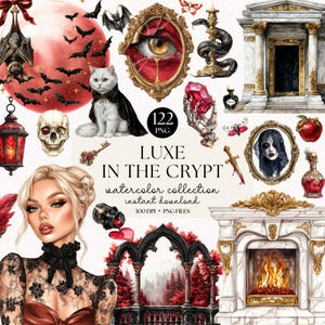 Könnte beinhalten: Eine digitale Aquarellkollektion mit dem Titel "Luxe in the Crypt" mit gotischen und Halloween-Illustrationen. Die Kunstwerke umfassen eine weiße Katze mit Umhang, Fledermäuse, einen Schädel und eine Frau. Die Kollektion umfasst 122 PNG-Dateien.