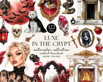 Könnte beinhalten: Eine digitale Aquarellkollektion mit dem Titel "Luxe in the Crypt" mit gotischen und Halloween-Illustrationen. Die Kunstwerke umfassen eine weiße Katze mit Umhang, Fledermäuse, einen Schädel und eine Frau. Die Kollektion umfasst 122 PNG-Dateien.