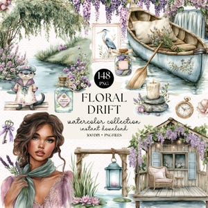 Floral Drift Aquarell Clipart Bundle PNG | 148 Romantische Blumen Illustrationen | Cottagecore Boho PNG-Set | Sofort Download Kunstdrucke