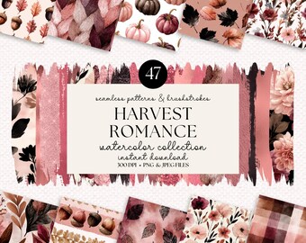 Fall Watercolor Seamless Patterns: Autumn Florals, Pumpkins (Digital Download, 47 PNG JPEG)