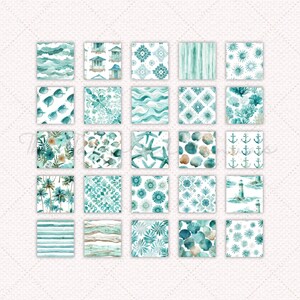 May include: A collection of 25 square watercolor designs in shades of teal and white. The patterns include waves, seashells, starfish, floral motifs, and coastal scenes with lighthouses and palm trees. The overall theme is nautical and beach-inspired.