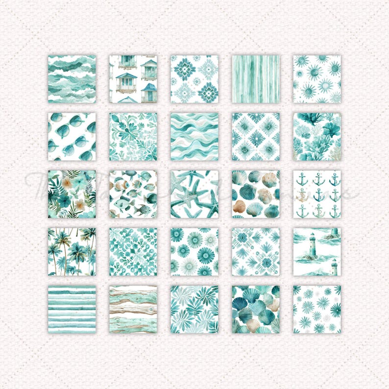 May include: A collection of 25 square watercolor designs in shades of teal and white. The patterns include waves, seashells, starfish, floral motifs, and coastal scenes with lighthouses and palm trees. The overall theme is nautical and beach-inspired.