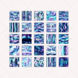 May include: A set of 20 digital paper designs featuring watercolor patterns in shades of blue, purple, and white. The patterns include snowflakes, aurora borealis, floral designs, and abstract swirls.