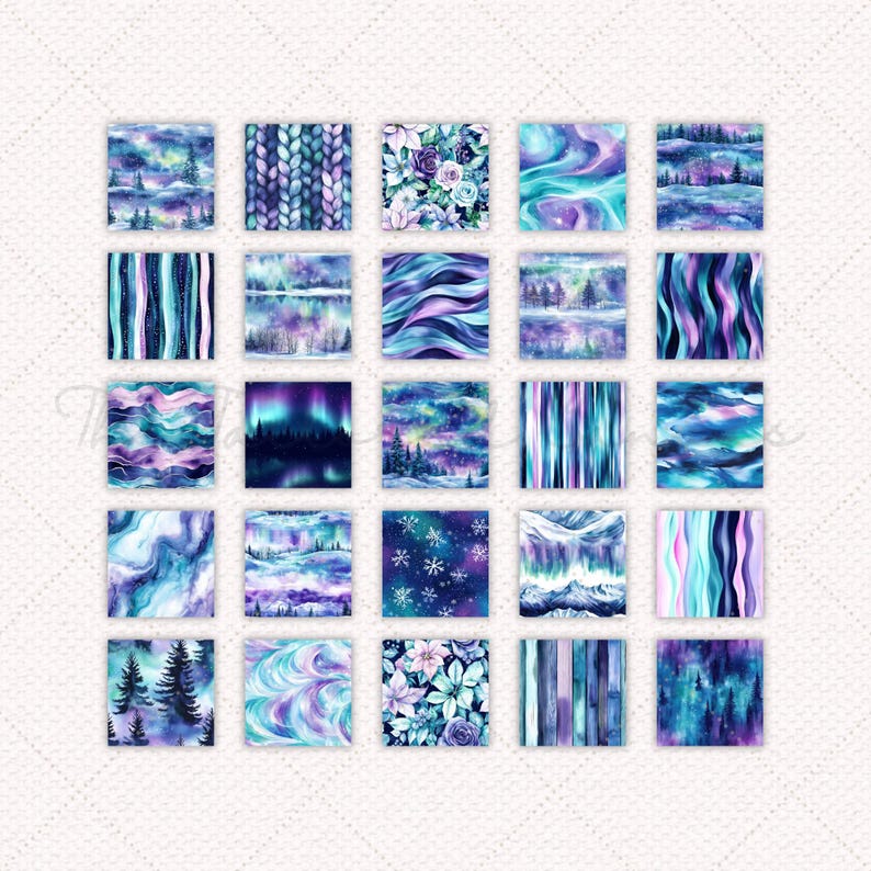 May include: A set of 20 digital paper designs featuring watercolor patterns in shades of blue, purple, and white. The patterns include snowflakes, aurora borealis, floral designs, and abstract swirls.
