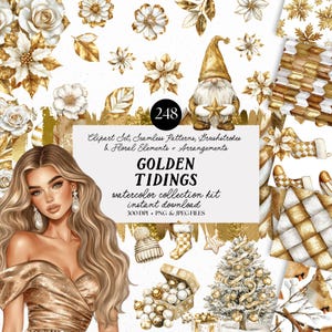 Könnte beinhalten: Eine digitale Aquarellkollektion mit dem Titel "Golden Tidings" mit floralen Elementen, nahtlosen Mustern und Pinselstrichen. Das Bild zeigt eine Frau, einen Zwerg und Weihnachtsdekorationen in Gold und Weiß.