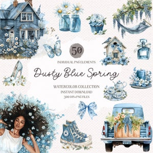 Dusty Blue Spring Clipart Png-Bundle - 50 hochwertige Pngs, Frühlingskollektion, Aquarell Clip Art, Sublimationsdesigns
