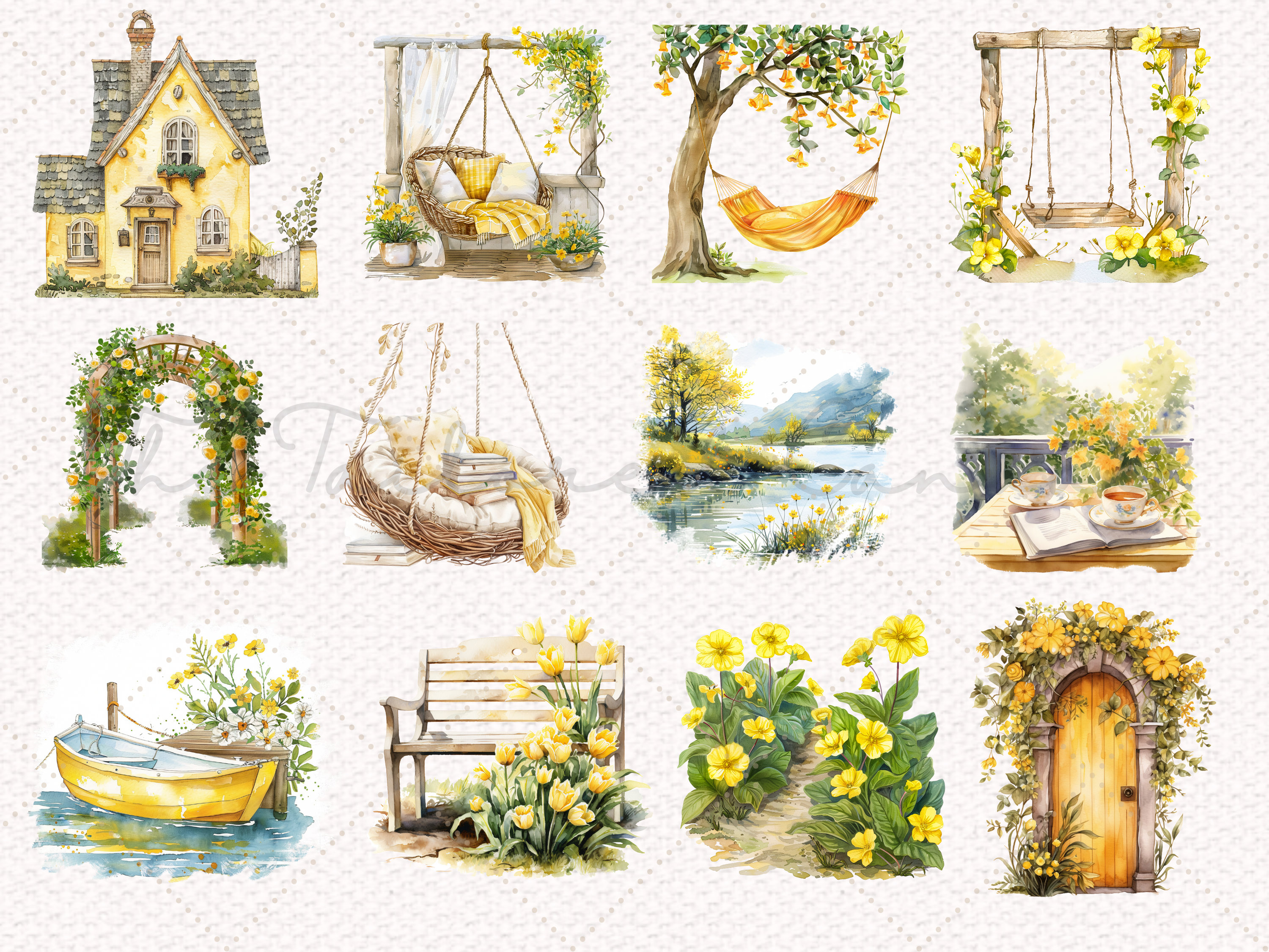 Yellow Spring Design Yellow Spring Clipart Bundle: 50 Watercolor PNG Designs (digital ...
