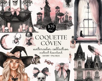 Clipart de acuarela de aquelarre de coquetas: PNG de bruja gótica (descarga digital)