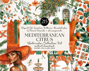 Kit de clipart de frutas cítricas em aquarela: elementos florais mediterrâneos, padrões sem emendas (download instantâneo)
