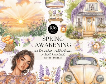 Spring Watercolor Clipart Bundle: Lavender & Cottagecore PNG (Digital Download)