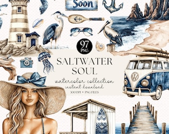 Watercolor Nautical Clipart Bundle: Beach Van, Ocean Animals (Instant Download PNG Set