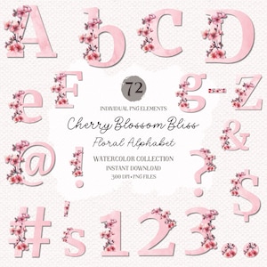 Kirschblüten-Blumen-Alphabet-Buchstaben-PNG-Set – hochwertige Sakura-PNGs, Frühlingskollektion, Aquarell-Monogramm-Schriftart, digitales Alphabet