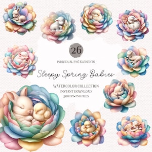 Sleepy Spring Babies Clipart Png Bundle - 26 High Quality Pngs, Easter Clip Art, Spring Collection, Watercolor Clip Art, Sublimation Designs