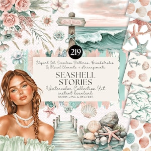 Watercolor Seashell Clipart Bundle: Floral Elements, Seamless Patterns (Instant Download Kit)