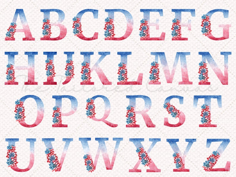 Watercolor Fourth of July Floral Alphabet Letters PNG Set Patriotic ...