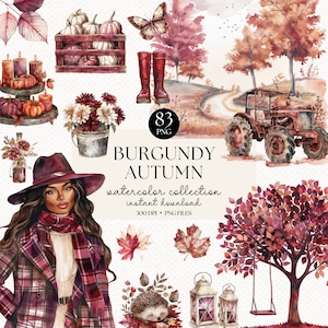 Paquete de imágenes prediseñadas de otoño de color burdeos de acuarela - PNGs Cottagecore, lindas pegatinas de otoño y decoraciones de scrapbooking, clip art de otoño rústico