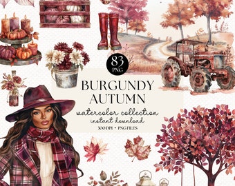 Watercolor Autumn Clipart Bundle: Burgundy Cottagecore PNGs (Digital Download)