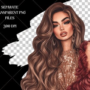 May include: Illustration of a woman with long, wavy brown hair, wearing a gold sequined top and a burgundy faux fur wrap. The image includes text that reads "SEPARATE TRANSPARENT PNG FILES 300 DPI."