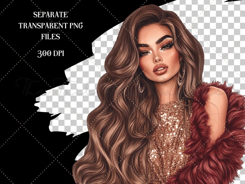 May include: Illustration of a woman with long, wavy brown hair, wearing a gold sequined top and a burgundy faux fur wrap. The image includes text that reads "SEPARATE TRANSPARENT PNG FILES 300 DPI."