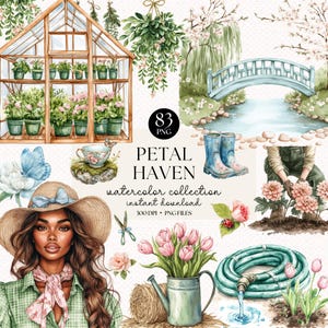 Pacote de Clipart de Jardim em Aquarela de Primavera | 83 Elementos PNG | Clipart de Jardinagem em Estufa | PNG Floral de Primavera | Download Digital Instantâneo