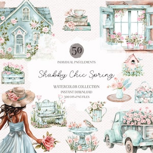 Op de afbeelding: Een verzameling van 50 aquarel illustraties met shabby chic lente-elementen. De illustraties omvatten een blauw huis, een raam met bloemen, een vogelhuisje, een bankje, een gieter, een vrachtwagen, een vogelbad, een vrouw met een hoed en jurk, en diverse bloemstukken.