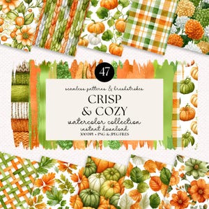 May include: A collection of watercolor patterns and brushstrokes with a fall theme. The designs include pumpkins, flowers, and knitted textures in shades of orange, green, and white. The text on the image reads "CRISP & COZY watercolor collection."