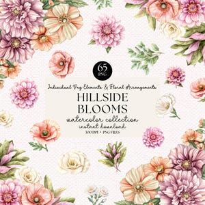 Aquarell Blumen Clipart Set - 65 PNG Florale Elemente, Boho Wildblumen, Frühling Hochzeit Grafiken, Hillside Blüten Digitaler Download