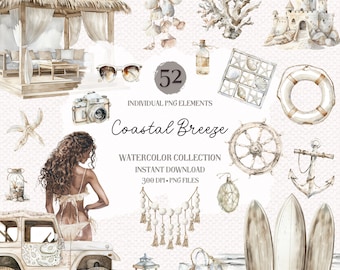 Watercolor Coastal Clipart Bundle: 52 Beach PNG Elements (Digital Download)