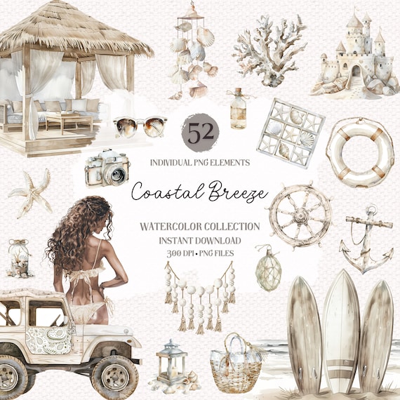 Watercolor Coastal Clipart Bundle: 52 Beach PNG Elements (Digital Download)
