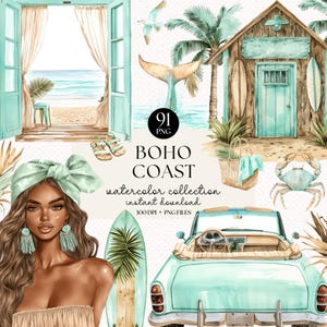 Puede incluir: Ilustración en acuarela con temática costera. Presenta a una mujer con un pañuelo en la cabeza, un descapotable, una cabaña de playa, tablas de surf y el texto "BOHO COAST watercolor collection instant download". Incluye un cangrejo, sandalias y una cola de ballena.