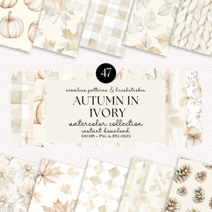 Puede incluir: Un conjunto de 47 patrones y pinceladas digitales de acuarela en tonos marfil y beige. Los patrones presentan hojas de otoño, calabazas, piñas y diseños geométricos. El texto "AUTUMN IN IVORY" se muestra en el centro de la imagen.