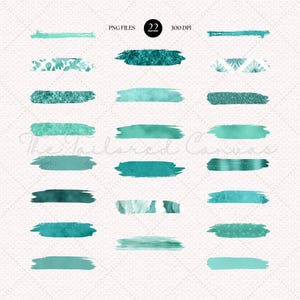 May include: A collection of 22 teal-colored brushstroke designs in various textures and shades. The image includes text that reads "PNG FILES 22 300 DPI". The brushstrokes vary in width and texture, with some appearing glittery or patterned.