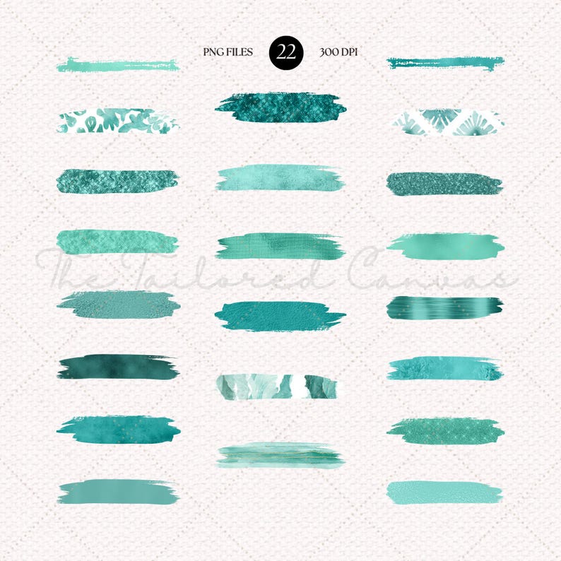 May include: A collection of 22 teal-colored brushstroke designs in various textures and shades. The image includes text that reads "PNG FILES 22 300 DPI". The brushstrokes vary in width and texture, with some appearing glittery or patterned.