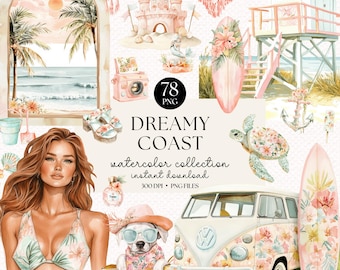 Watercolor Coastal Clipart Bundle: Beach Summer Illustrations (78 PNG, Digital Download)