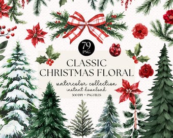 Watercolor Christmas Floral Clipart Bundle: Poinsettia, Trees, Greenery (PNG, Digital Download)